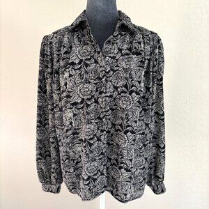 Bedford Fair Vintage Floral Button Down Blouse - Black/White - Size 12